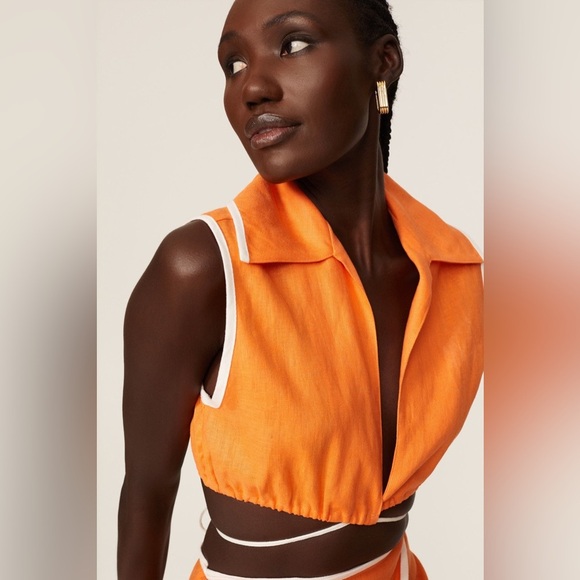 Matthew Bruch - Tie Waist Crop Top - Orange White Linen - Sz 4- RTR - Picture 4 of 13